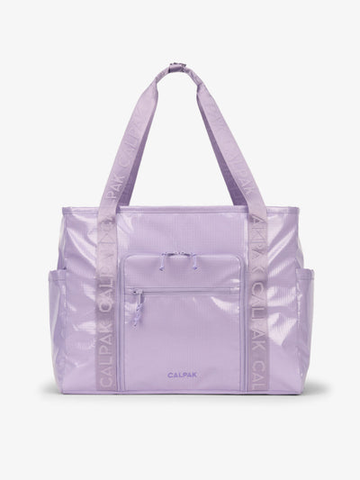 CALPAK Terra 35L Water Resistant Zippered Tote Bag made with durable recycled ripstop exterior, nylon webbing tote straps and multiple exterior pockets in amethyst