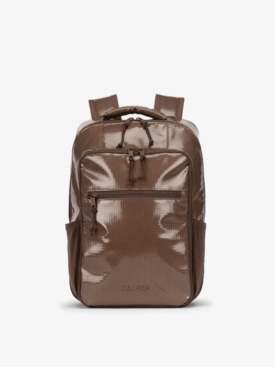 Front view of CALPAK Terra Hydration Backpack in brown cacao; BPT2201-CACAO