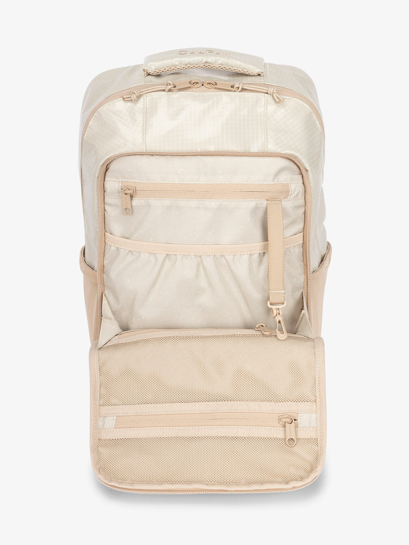 Interior of CALPAK Terra Hydration Backpack in white sands