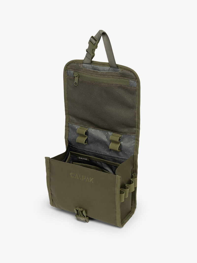 CALPAK Terra Hanging Toiletry Bag in dark green Matte Pine open top hanging view