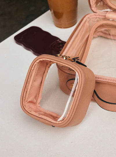 CALPAK Tiny Clear Cosmetic Case in light brown Caramel front view; CCT2501-CARAMEL view 2