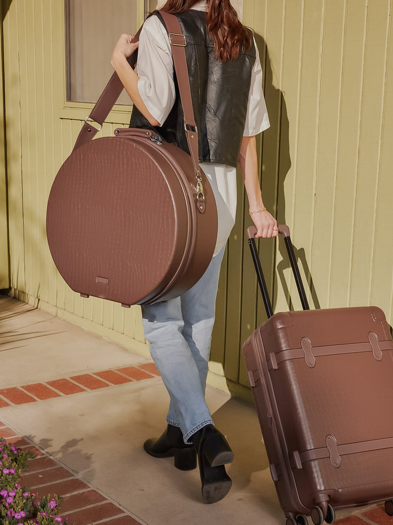 CALPAK TRNK large vintage hat box with removable shoulder strap and top handle in brown