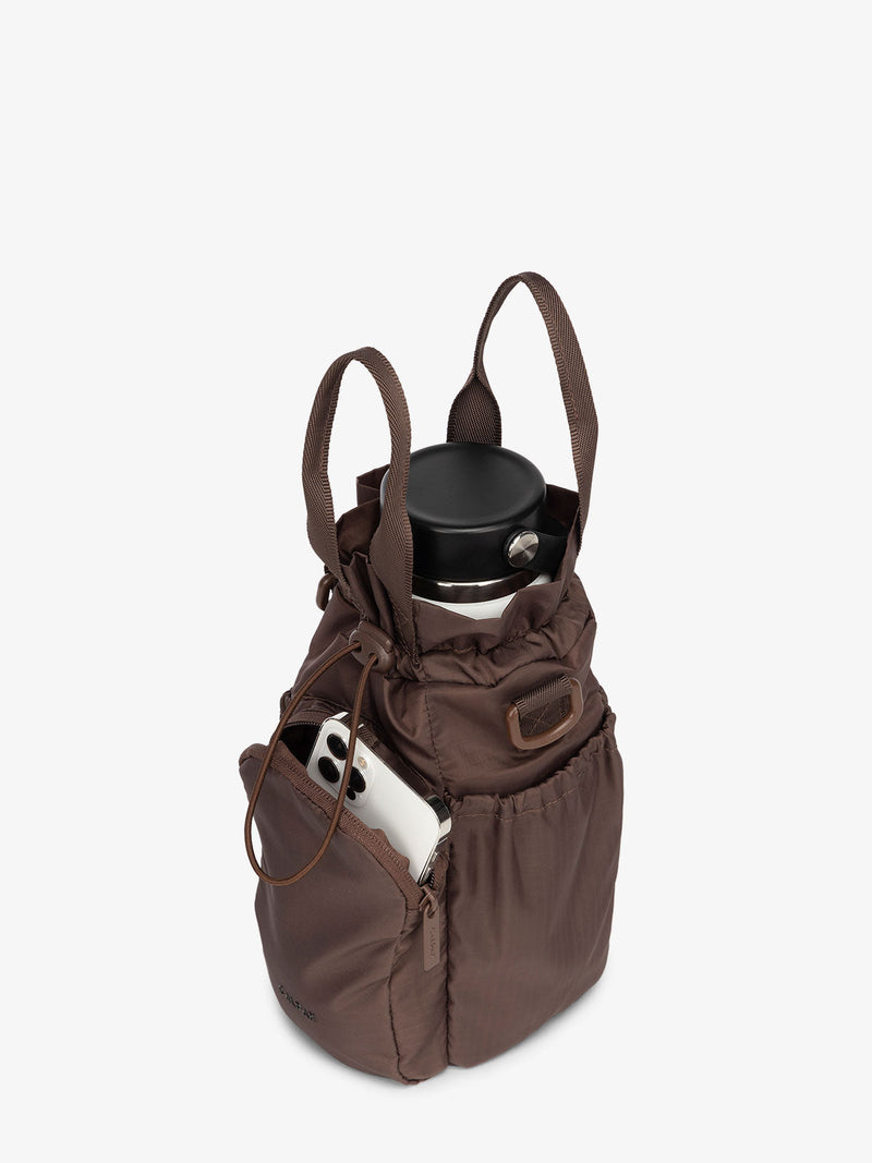 CALPAK Water Bottle carrier with zippered pocket in walnut