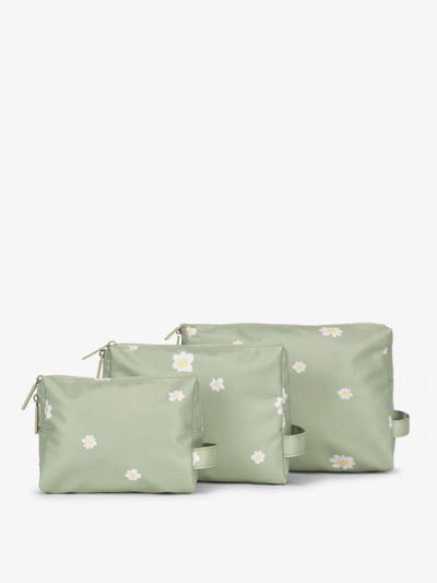 CALPAK Water Resistant Zippered Pouch Set of three in green daisy print; PCZP2401-DAISY view 1