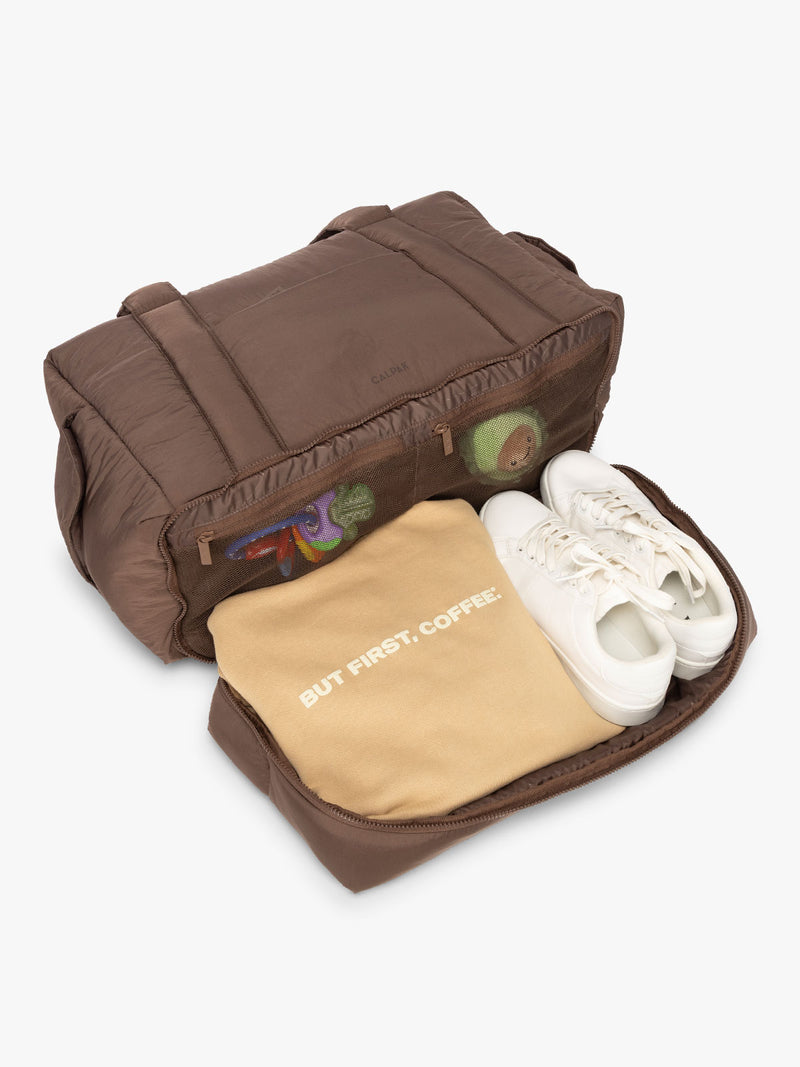 CALPAK Weekender Duffel interior in brown hazelnut