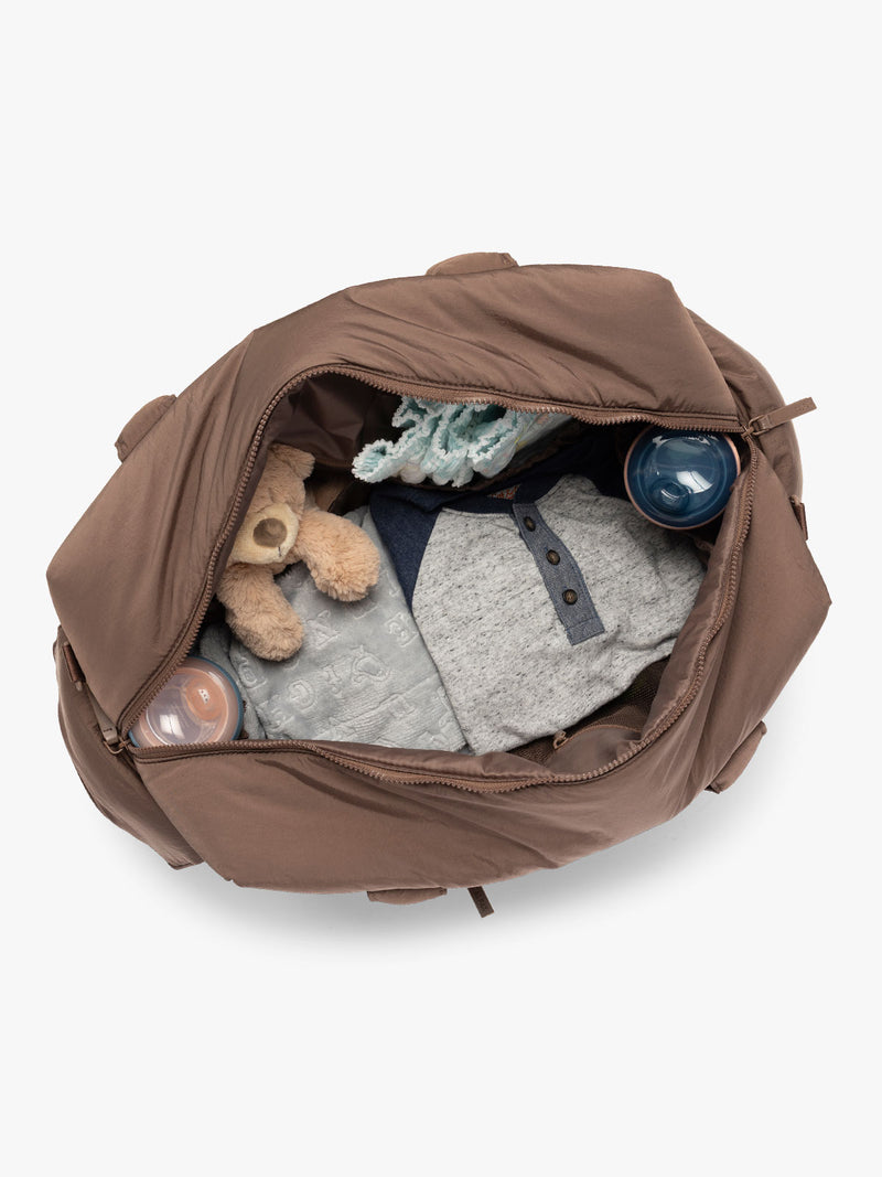 CALPAK Weekender Duffel top open zipper in brown hazelnut