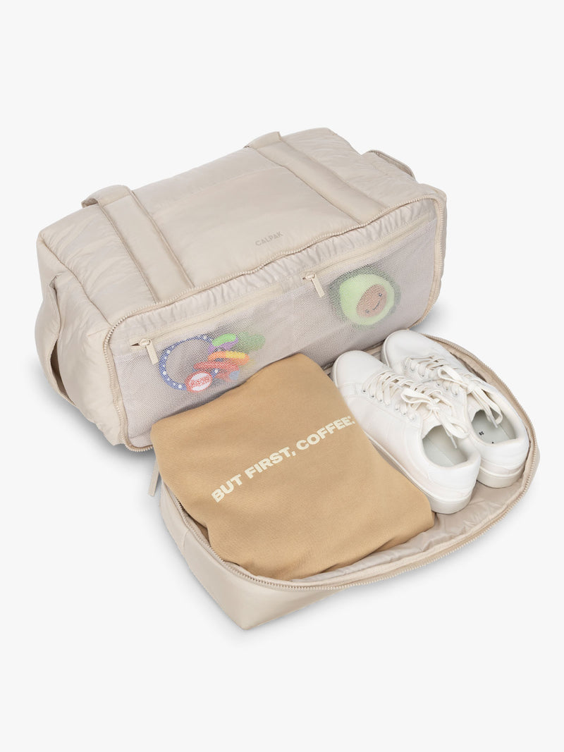 CALPAK Weekender Duffel interior in white Oatmeal