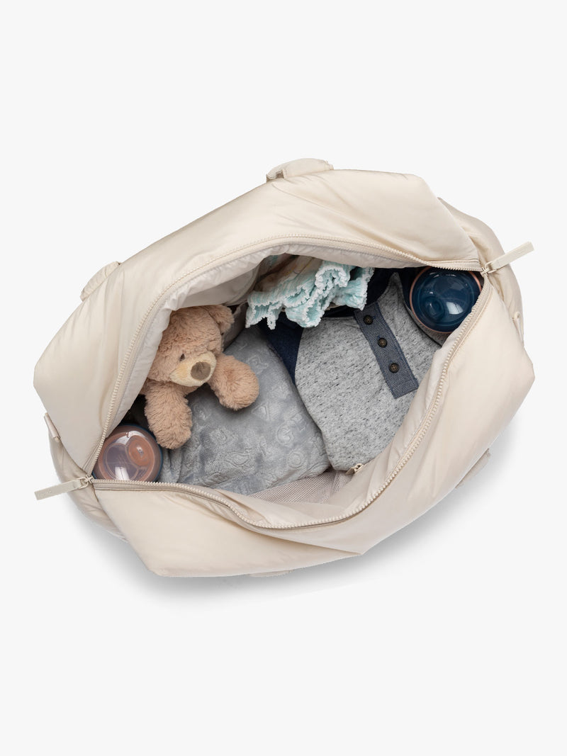 CALPAK Weekender Duffel open zipper top view in white Oatmeal