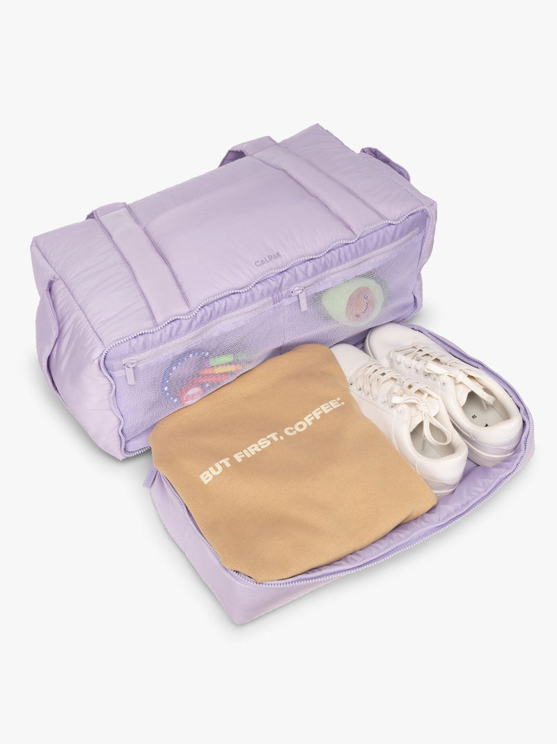 CALPAK Weekender Duffel interior in light purple Orchid
