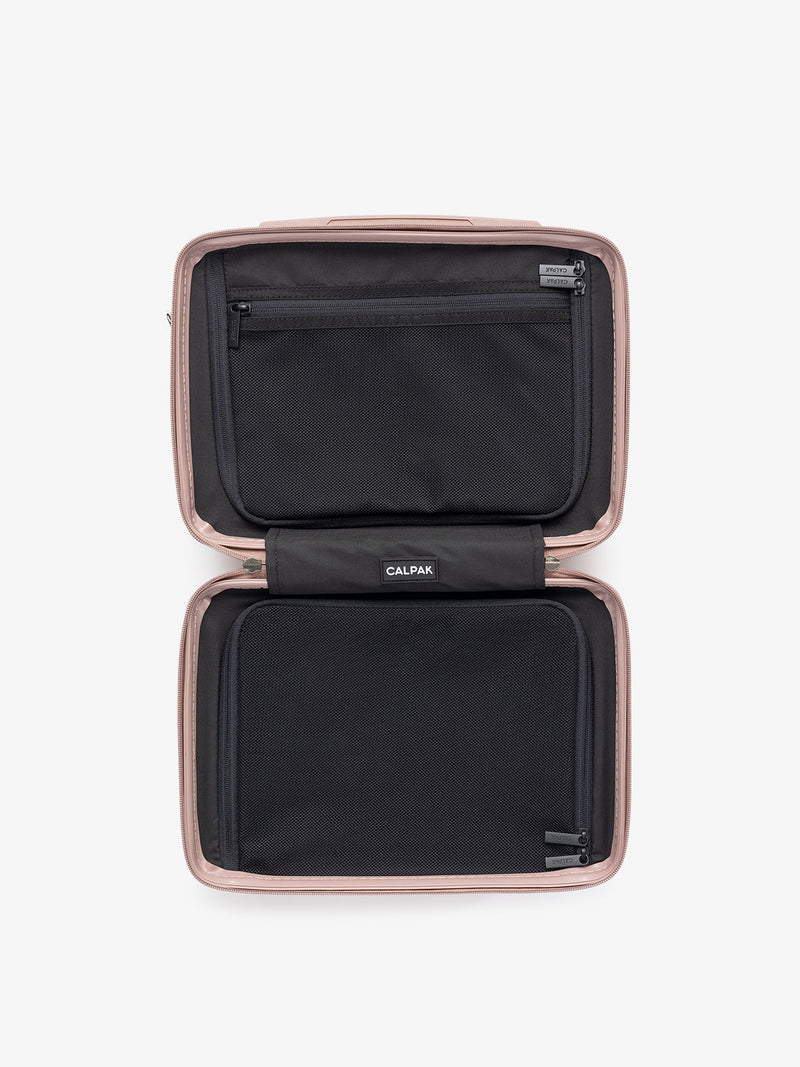 Top view of opened CALPAK Ambeur rose gold travel vanity case